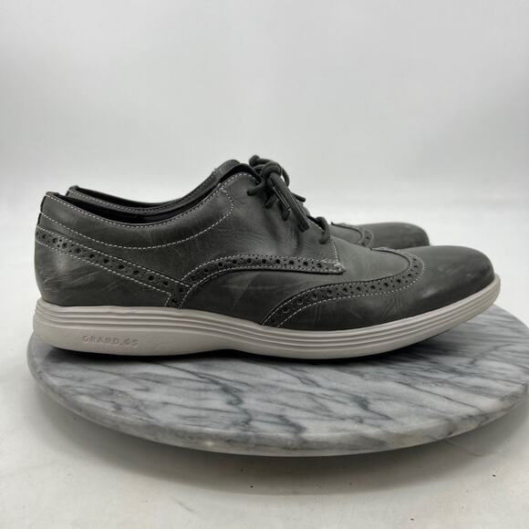 Cole Haan Mens 10 Shoes Grey Grand OS Leather Lace Up Wingtip Dress C24895 - Picture 2 of 15